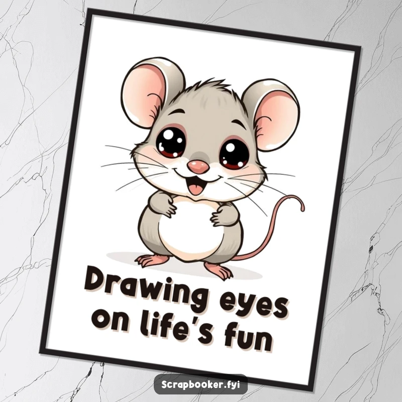 Funny Free Printable Wall Art: A cheerful mouse applies googly eyes to a quirky drawing, creating humorous decor.