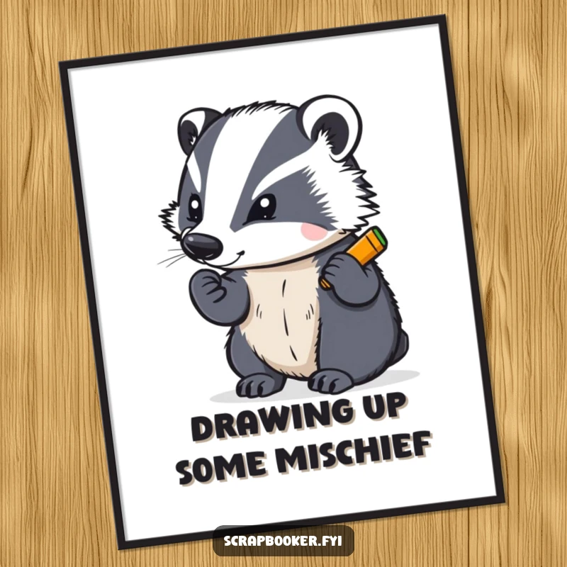 Funny Free Printable Wall Art showing a determined badger writing with a bright crayon, creating a vibrant and unique illustration.