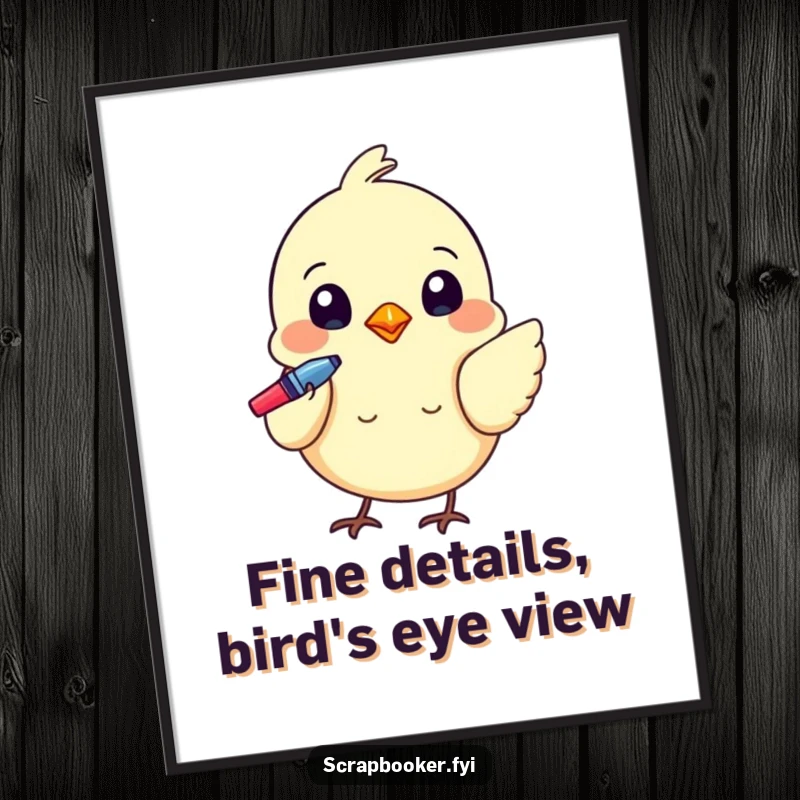 Funny Free Printable Wall Art: A tiny bird uses a colorful pen to add a detailed flourish to humorous DIY art.