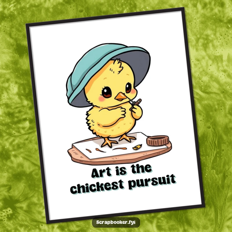 Funny Free Printable Wall Art: Curious chick painting small, intricate details onto a card, inspiring creativity.