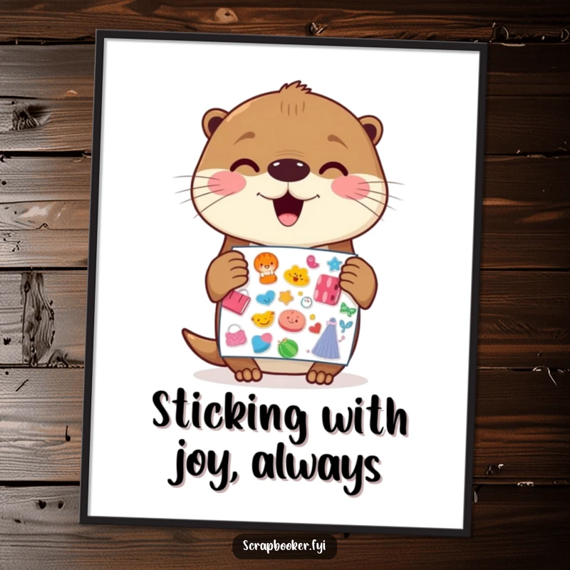 Funny free printable wall art showcasing a cheerful otter holding a vibrant sticker sheet with glee.