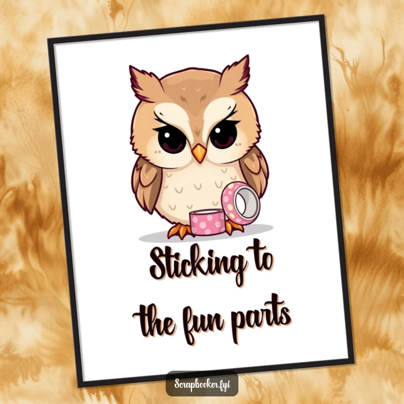 Funny Free Printable Wall Art: A curious owl examining a tiny roll of patterned tape, adding quirky charm.