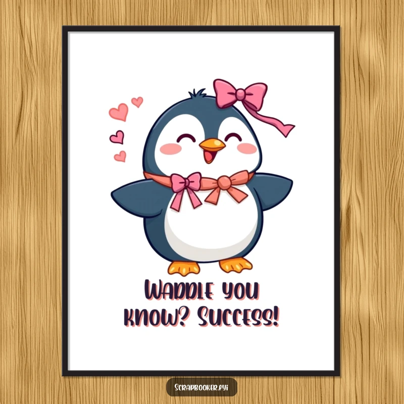 Funny Free Printable Wall Art: Beaming penguin enthusiastically adding ribbons and bows to decorations, bringing festive vibes.