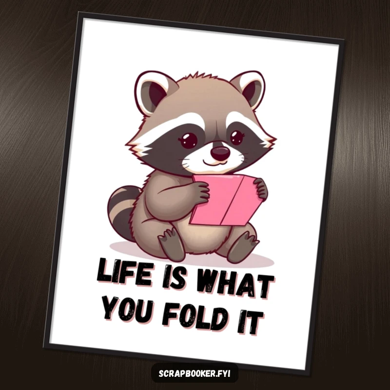Funny Free Printable Wall Art: A content raccoon meticulously folds a vibrant piece of paper with a serene and focused expression.