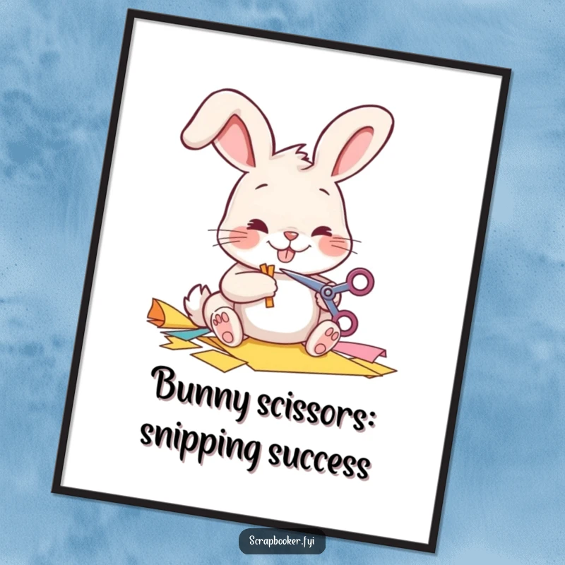 Funny Free Printable Wall Art: Cheerful bunny meticulously cutting colorful paper with tiny scissors. Downloadable decor.