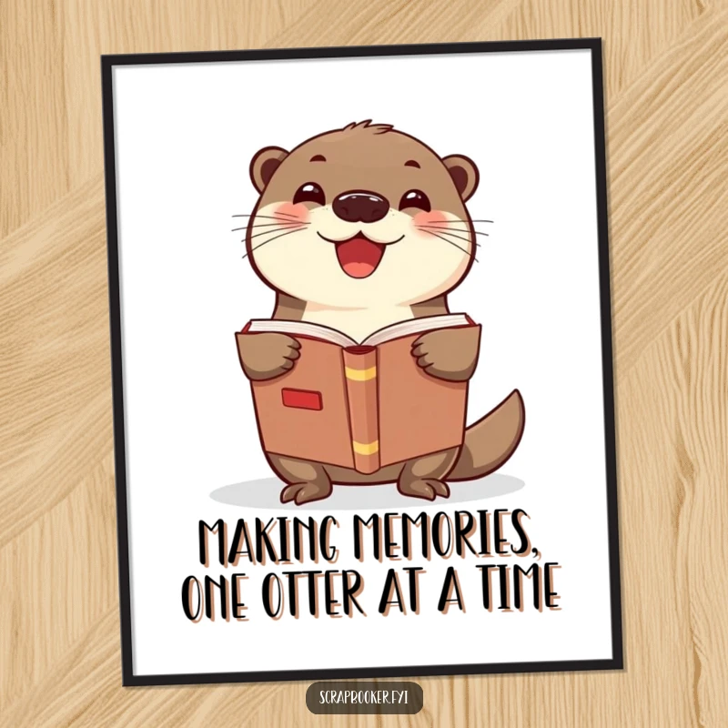 Funny Free Printable Wall Art: Delighted otter with a proud smile holds open a scrapbook, perfect for home decor.