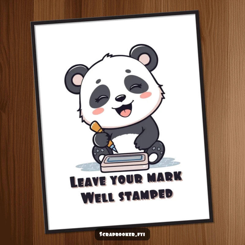 Free Printable wall art: a giggling panda stamps a pattern with a small ink pad, adding a joyful and humorous touch.