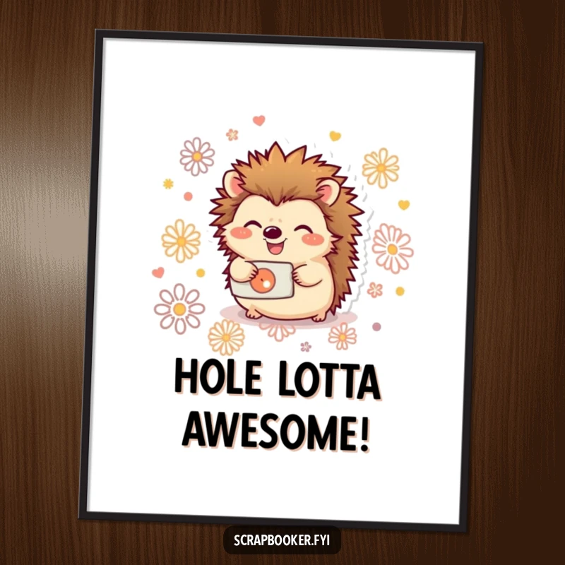 Funny Free Printable Wall Art: A joyful hedgehog using a hole punch to create charming decorative patterns, a DIY masterpiece.