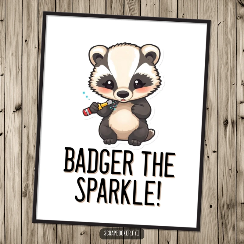 Funny Free Printable Wall Art: A little badger meticulously applying glitter to a finished design, showcasing DIY artistry.