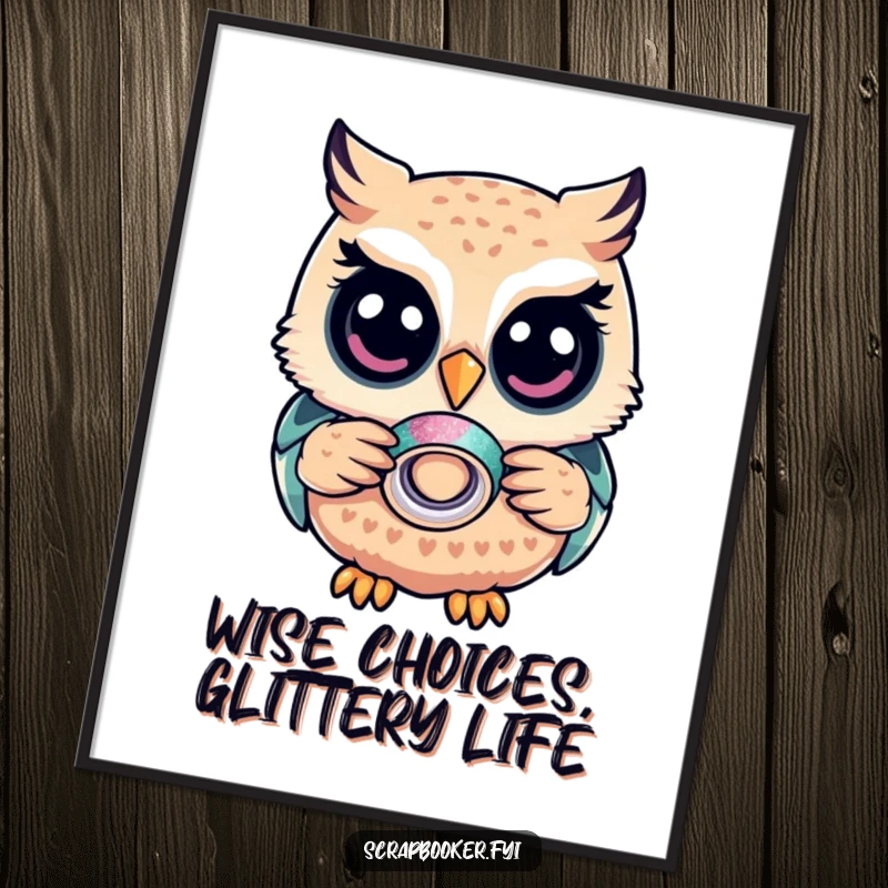 Funny Free Printable Wall Art: A content owl delicately holds a small roll of glitter tape, adding a wise and sparkly touch to decor.