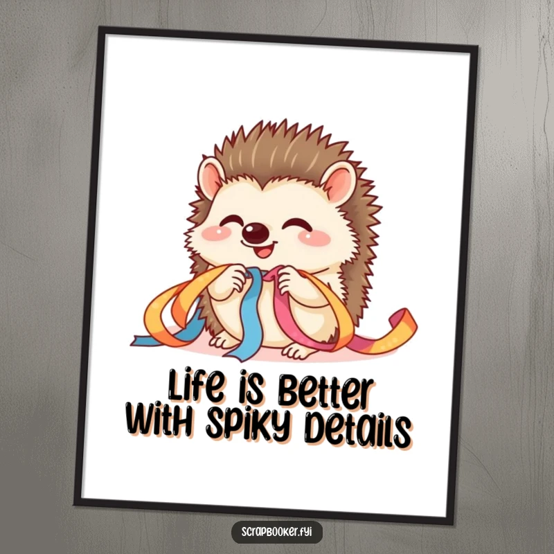 Funny Free Printable Wall Art: Giggling hedgehog carefully threads colorful ribbon, adding a whimsical touch.