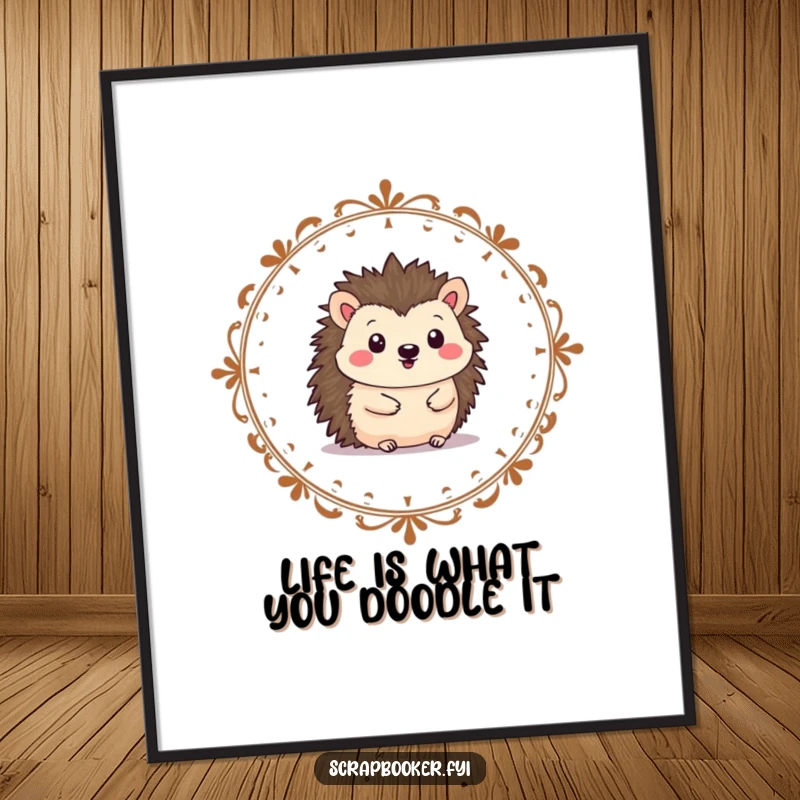 Funny Free Printable Wall Art: Cheerful hedgehog drawing a decorative border, adding artistic charm to spaces.