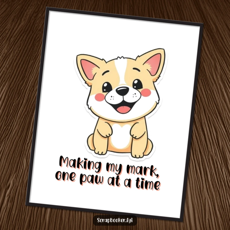 Funny Free Printable Wall Art: A happy dog with ink on its paw, about to stamp a cute design onto a blank surface.