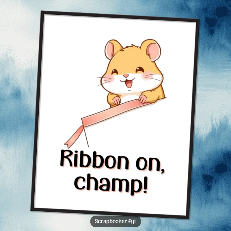 Funny Free Printable Wall Art: A happy hamster carefully applying a ribbon edge, showcasing meticulous DIY decorating skills.