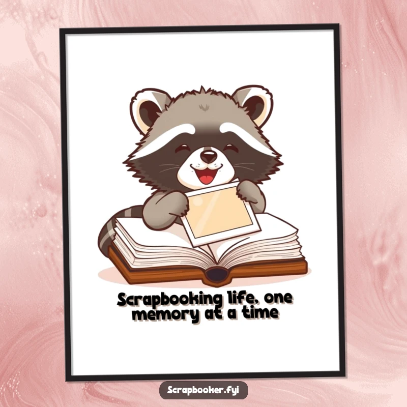 Funny Free Printable Wall Art: Delighted raccoon engrossed in scrapbooking, carefully pasting a photograph into a book.