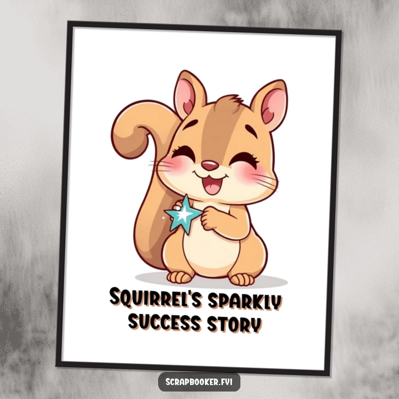 Funny Free Printable Wall Art: Delighted squirrel smiling, gluing a sparkly sticker onto a page. Downloadable decor.