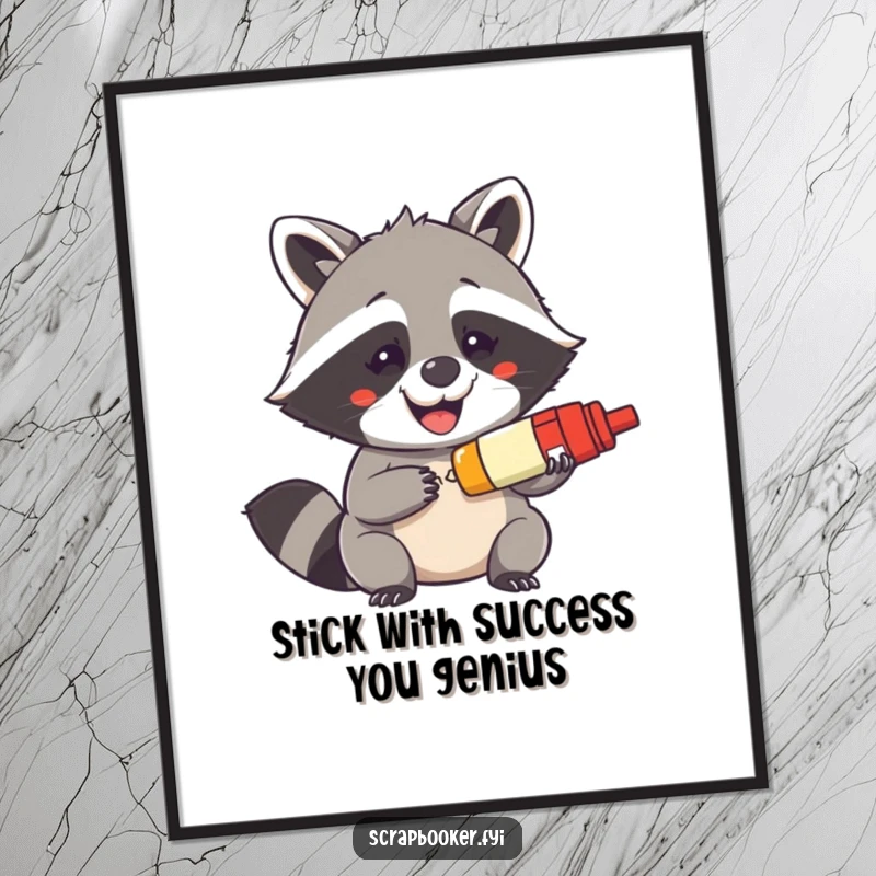 Free Printable wall art: a mischievous raccoon grins widely while using a glue stick, adding a humorous and crafty vibe.