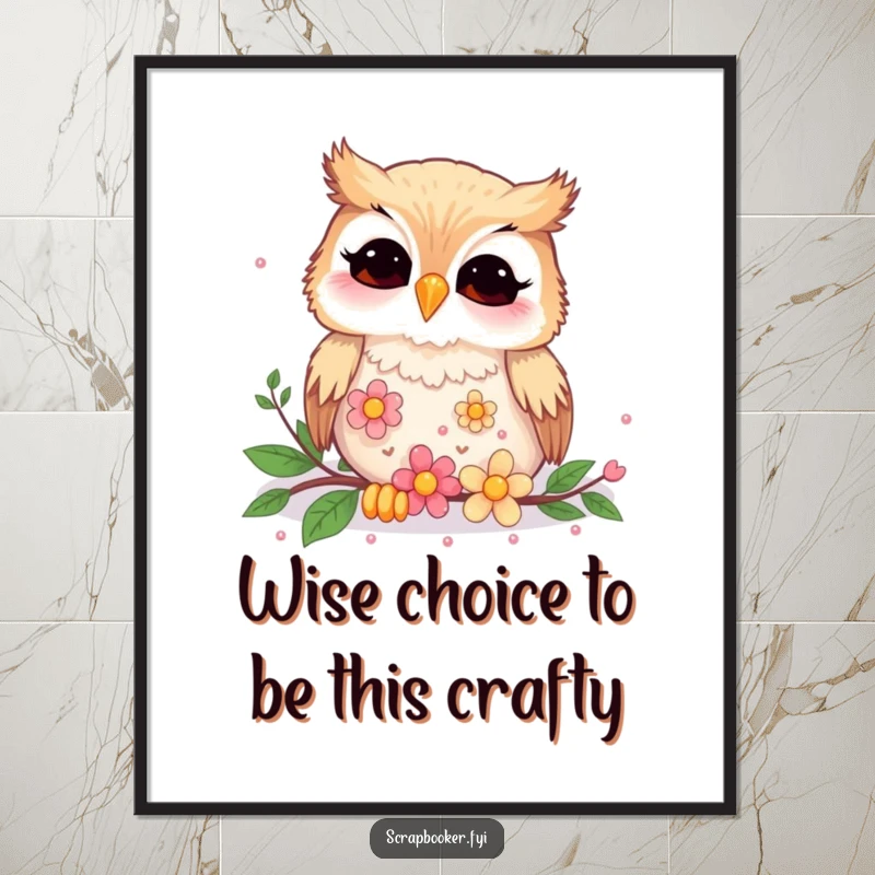 Funny Free Printable Wall Art: A giggling owl enthusiastically arranges flower sequins, creating a vibrant and cheerful scene.