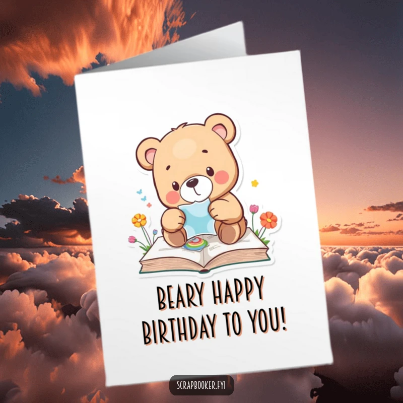Funny free printable birthday card of a bear carefully placing a sticker onto a colorful page, a sweet and humorous birthday wish.