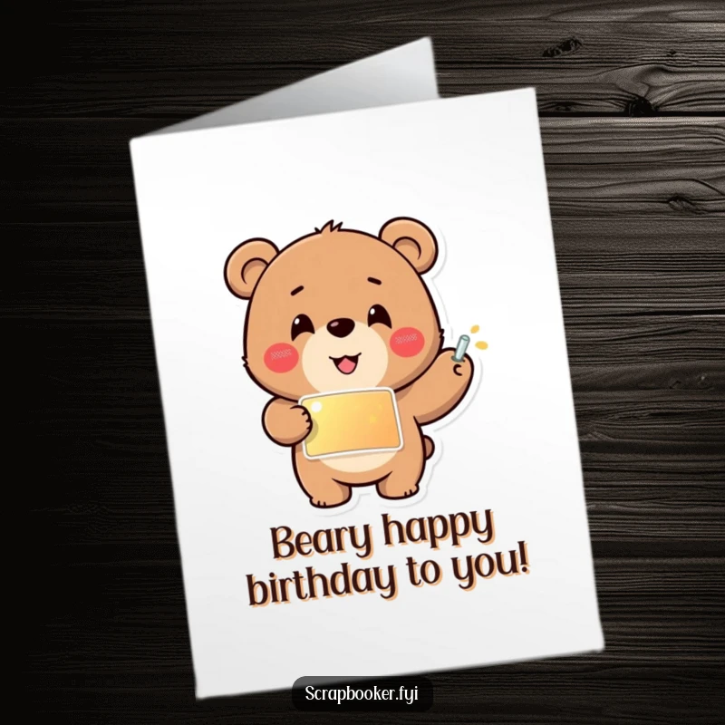 Funny Free Printable Happy Birthday card with a cheerful bear carefully gluing a shiny sticker, spreading joy.