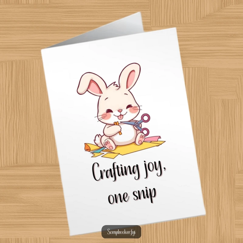 Funny Free Printable Birthday Card: Cheerful bunny meticulously cutting paper with tiny scissors, spreading joy. Downloadable art.