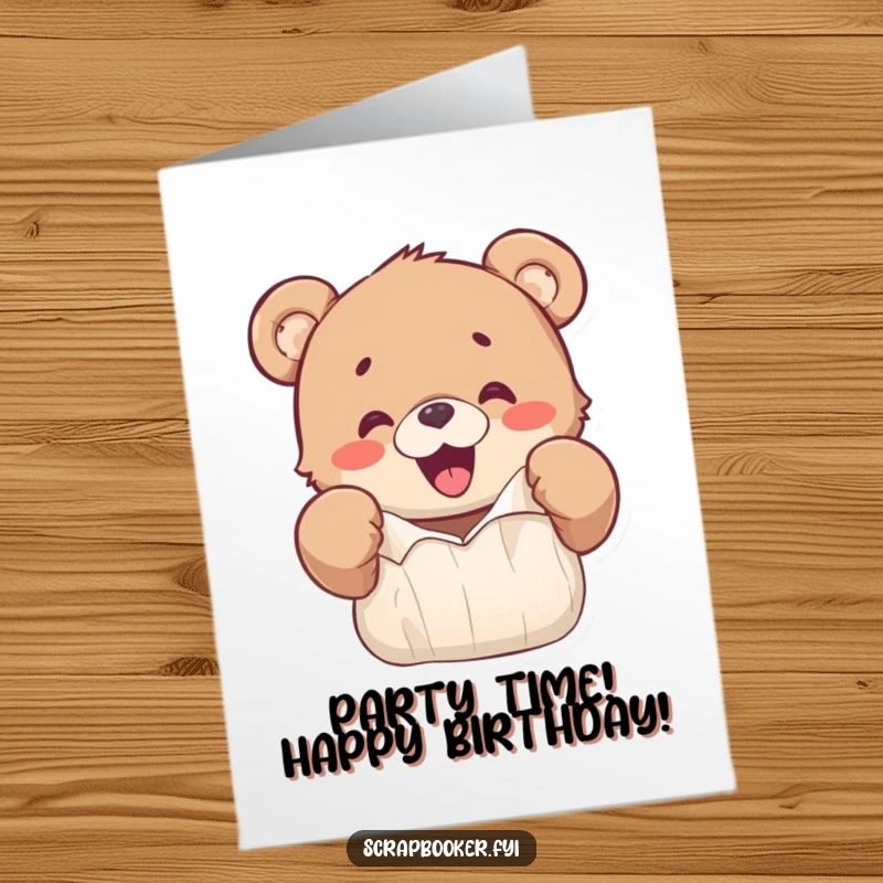 Funny Free Printable Bear Cub Birthday Card: Excited bear cub gleefully ripping colorful paper with paws for birthday fun.