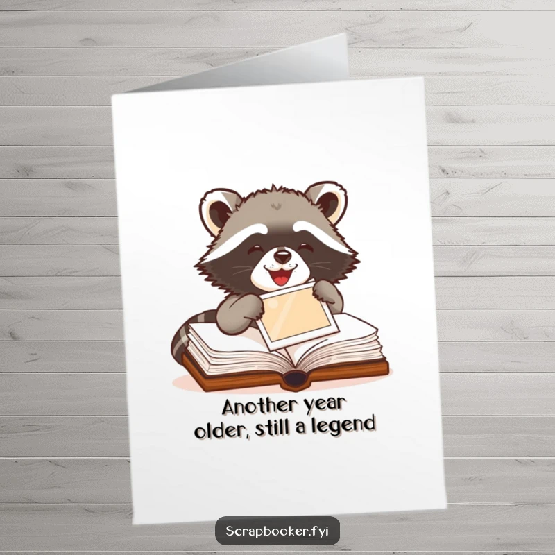 Funny Free Printable Birthday Card: Delighted raccoon meticulously glues a photo into a scrapbook, celebrating a special day.