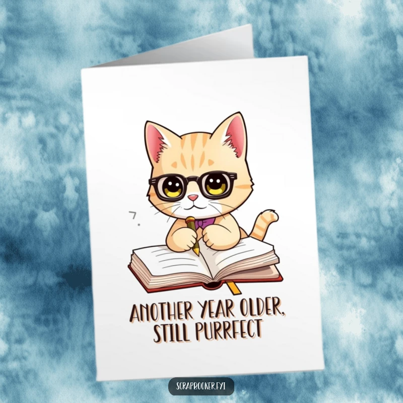 Funny Free Printable Birthday Card: A cat with a posh bookmark marking a page, ready to celebrate with laughter.