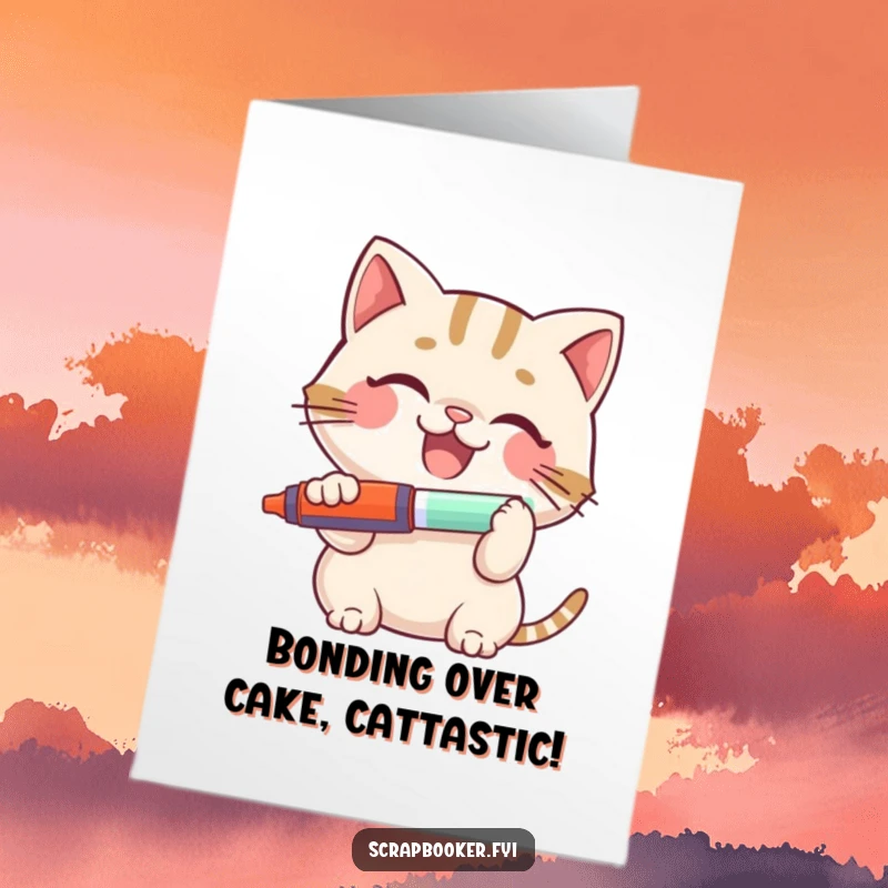 Funny Free Printable Birthday Card: Smiling cat gleefully uses a glue stick, ready to craft some birthday cheer with a happy expression.