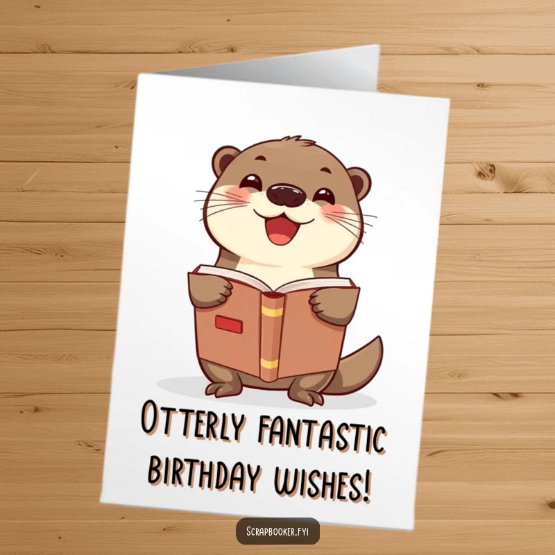 Funny Free Printable Birthday Card: Delighted otter proudly smiles holding open a scrapbook, ready for birthday memories.