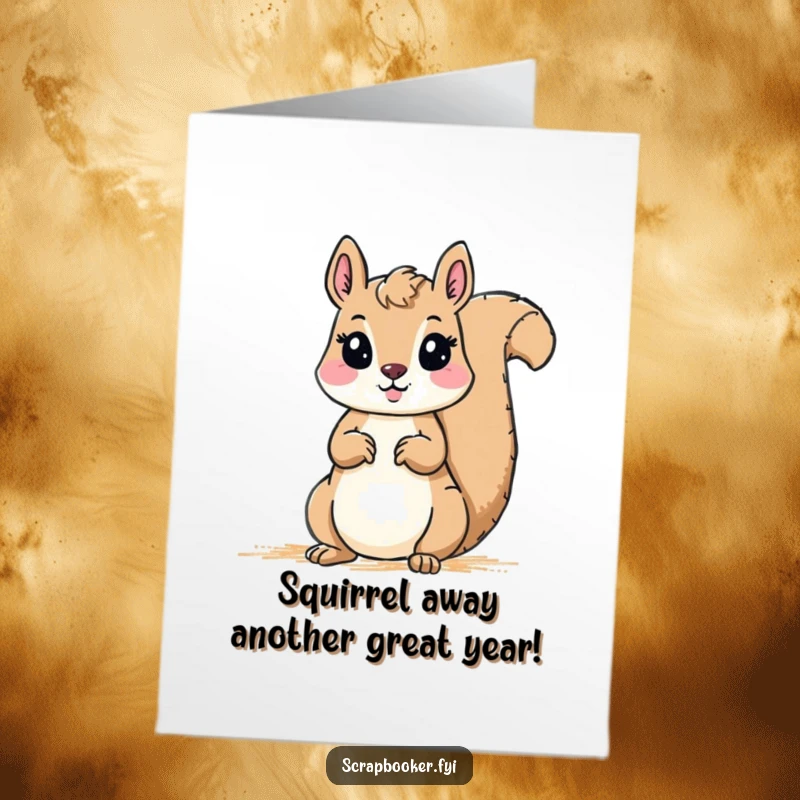 Funny Free Printable Birthday Card: A cheerful squirrel diligently drawing a bright, colorful border with a jumbo crayon, celebrating zestfully.