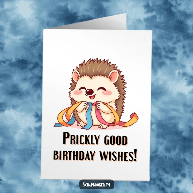 Funny Free Printable Birthday Card: Giggling hedgehog carefully threads colorful ribbon through holes, crafting birthday fun.