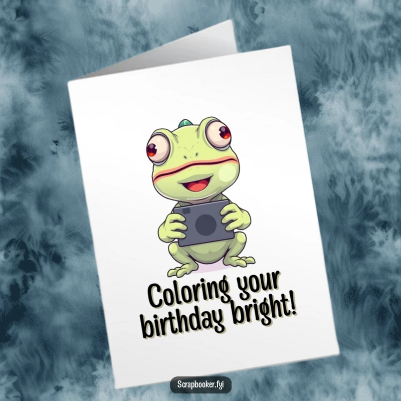 Funny Free Printable Birthday Card: Beaming chameleon happily places a photograph, capturing birthday joy.