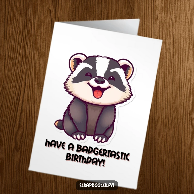 Funny Free Printable Birthday Card: A badger with intense focus and pure joy pressing down a decorative sticker.