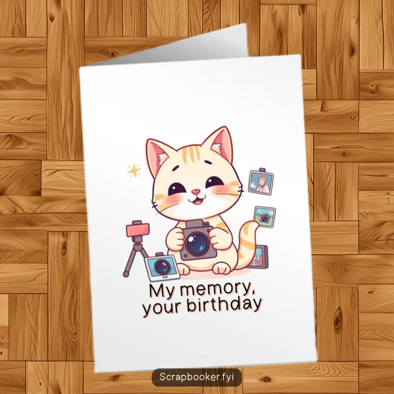 Funny Free Printable Birthday Card: Happy cat with a focused expression organizing photographs. Downloadable art.