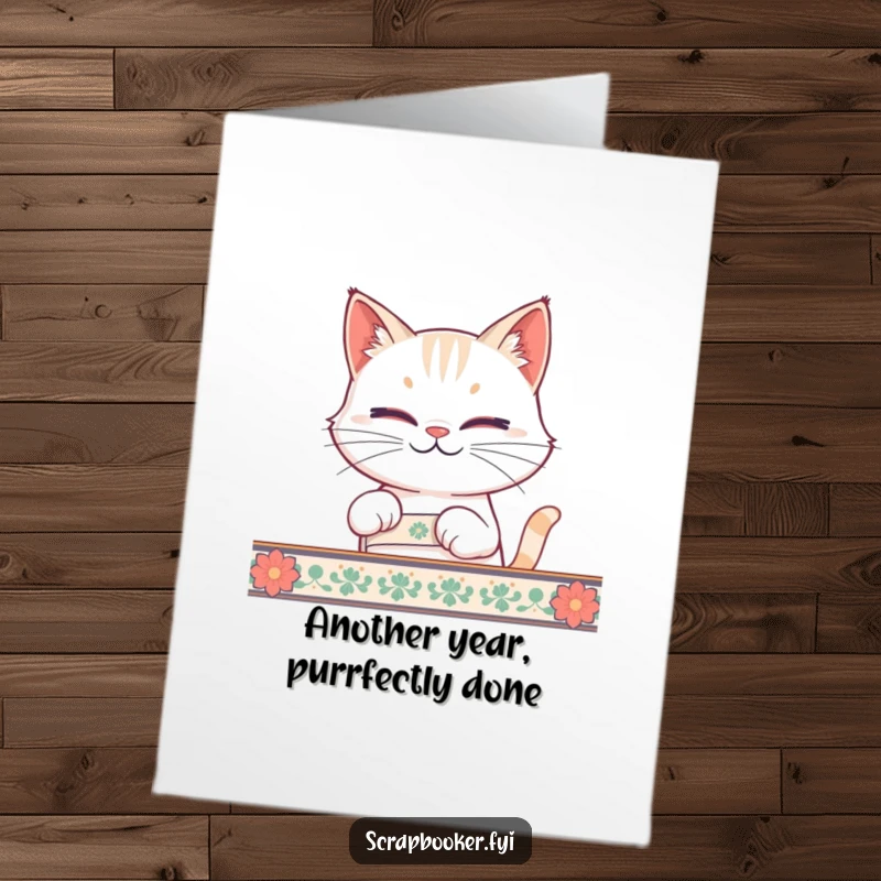 Funny Free Printable Birthday Card: Smirking cat carefully peels tape from a decorative strip, planning a prank.