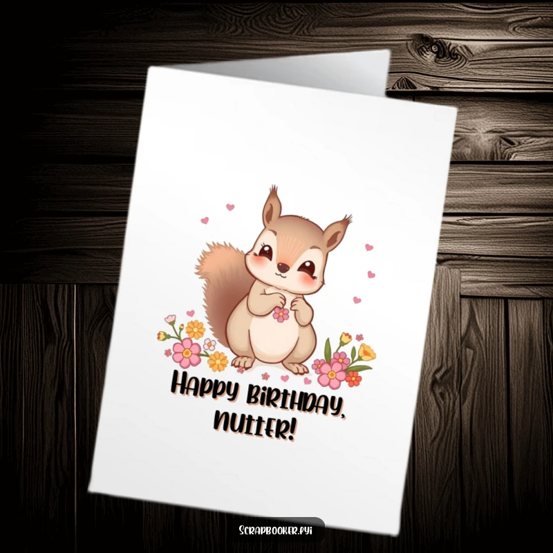 Funny Free Printable Happy Birthday card with a curious squirrel meticulously selecting decorative embellishments for a festive touch.