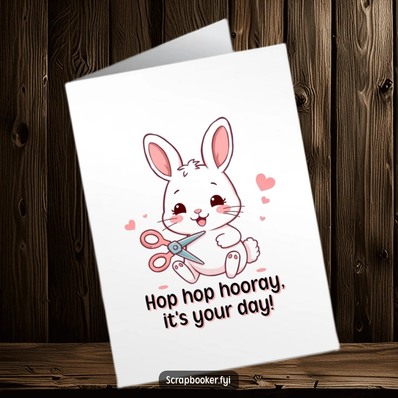 Funny Free Printable Bunny Card: Playful bunny with scissors cutting decorative paper, perfect for DIY birthday wishes.