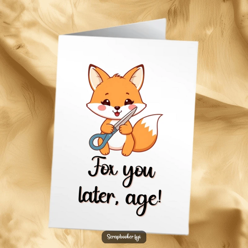 Funny Free Printable Birthday Card: Cheerful fox cutting a shape with decorative scissors, embodying creative birthday fun. Downloadable art.