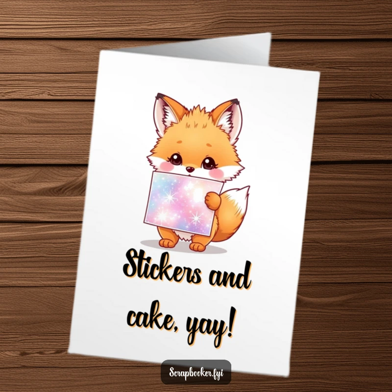 Cute Free Printable Fox Cub Birthday Card: Fluffy cub holding giant sparkly sticker sheet, radiating happy birthday wishes.