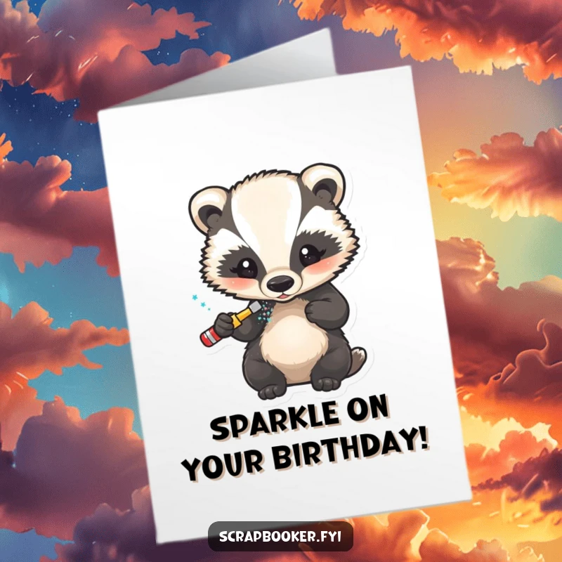 Funny Free Printable Birthday Card: A little badger carefully applying glitter to a finished design, adding sparkle to DIY crafts.