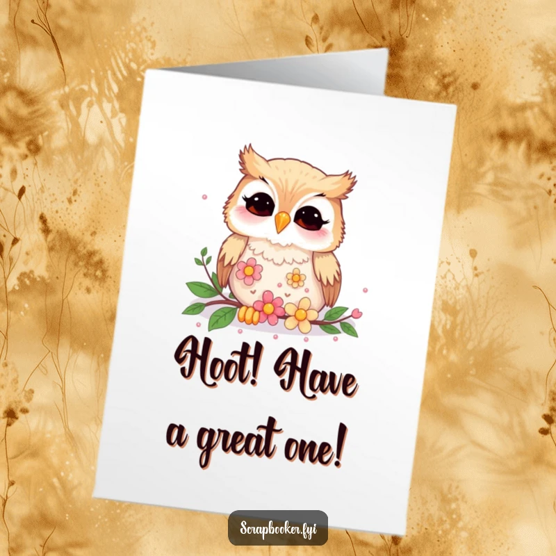 Funny Free Printable Birthday Card: A giggling owl happily arranges colorful flower sequins with a mischievous glint in its eye.