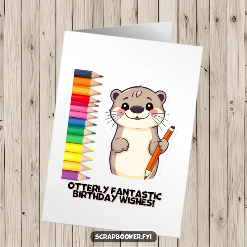 Cute free printable birthday card: A smiling otter joyfully sketching a vibrant border with a colored pencil for a creative greeting.