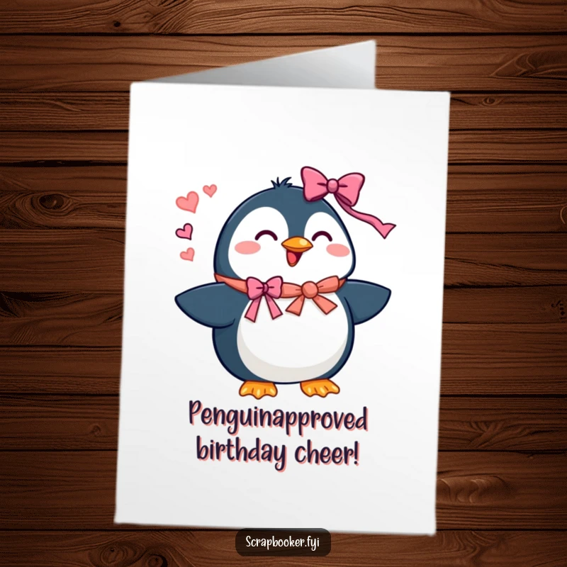 Funny Free Printable Birthday Card: Beaming penguin enthusiastically adding ribbons and bows, spreading party cheer.