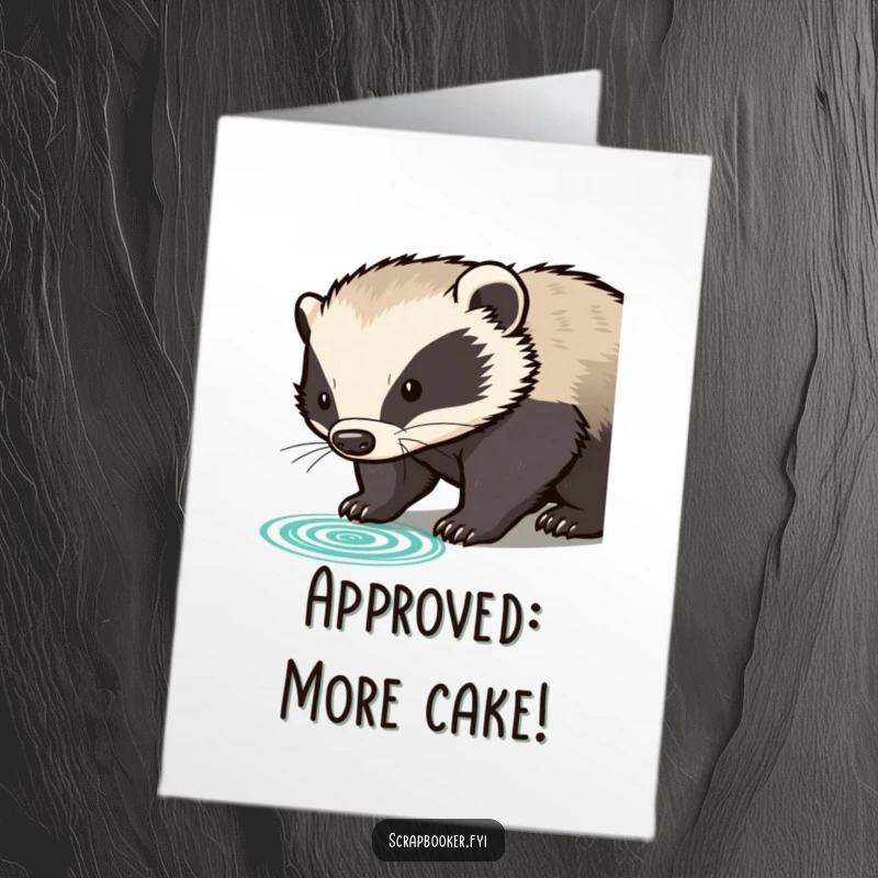 Funny Free Printable Birthday Card: Determined badger presses rubber stamp with a clear, bold impression. Downloadable gift.