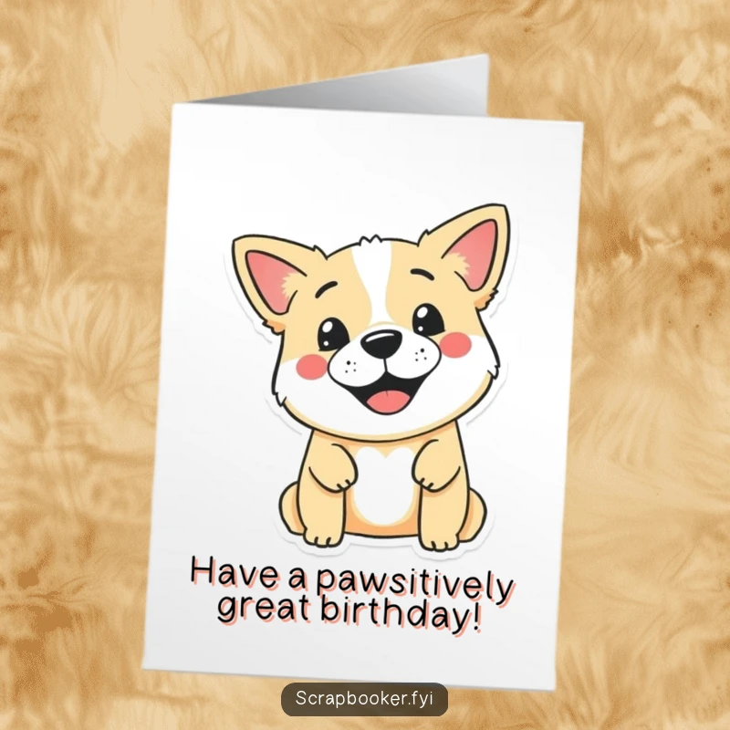 Funny Free Printable Birthday Card: A smiling dog happily stamping a cute design onto a blank piece of paper.