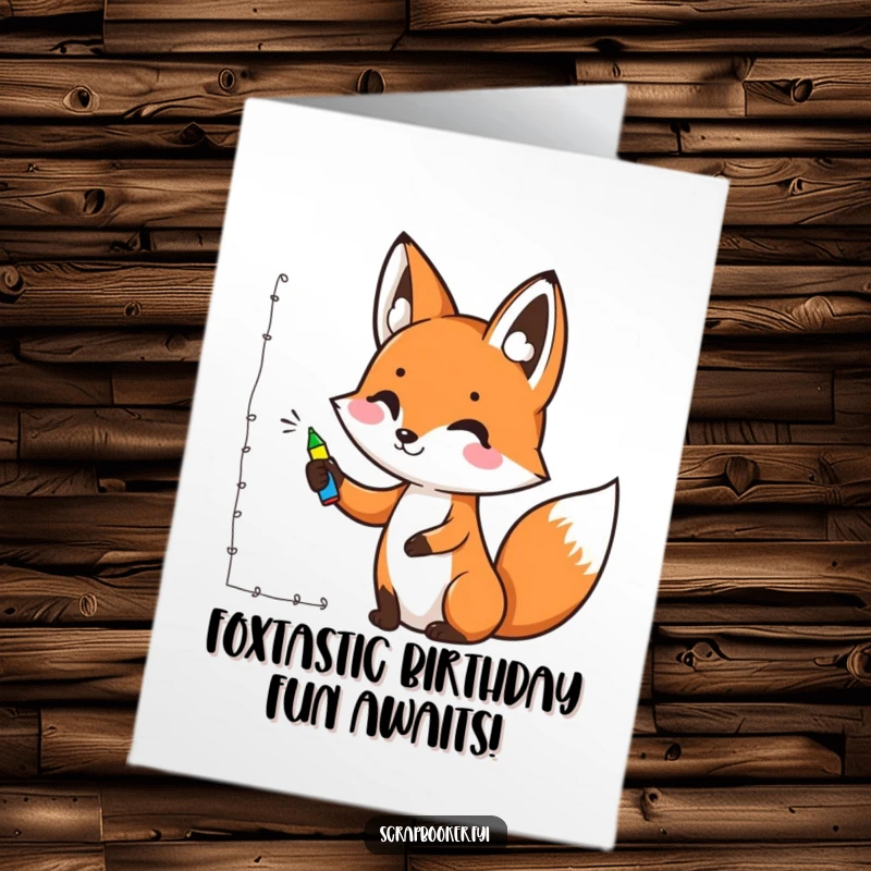 Funny Free Printable Birthday Card: Cheerful fox enthusiastically drawing a colorful decorative border with a marker pen.