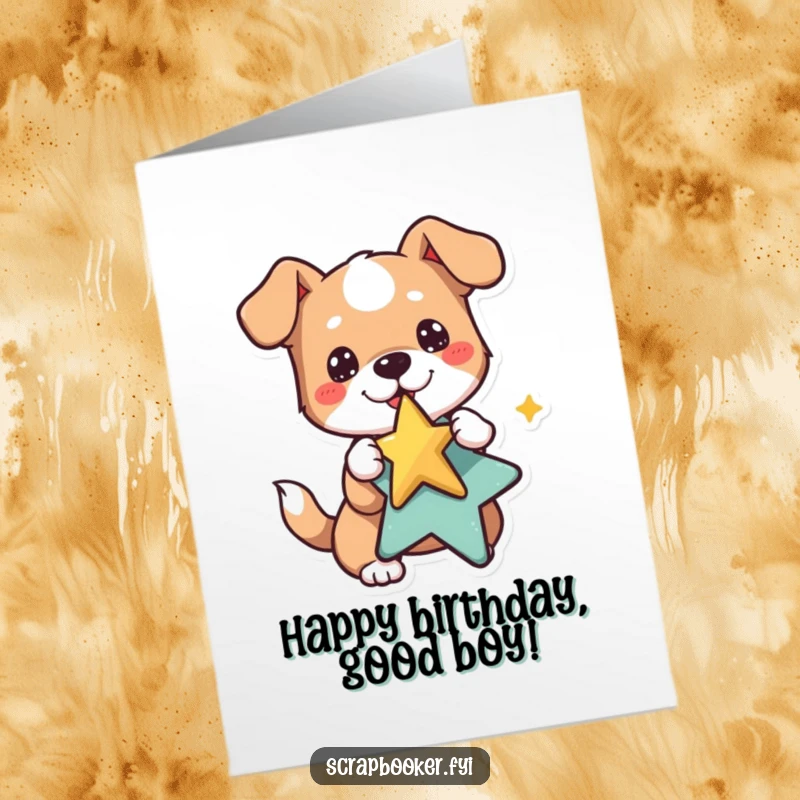 Funny free printable birthday card, a happy dog proudly shows off a shiny star sticker it just earned. Good dog!