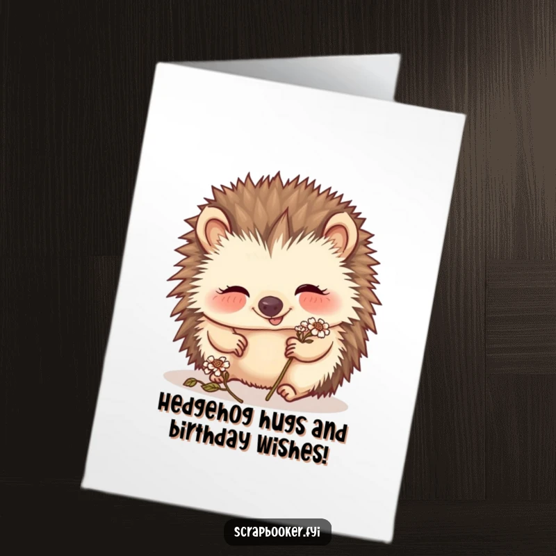 Funny Free Printable Birthday Card featuring a giggling hedgehog carefully placing a tiny dried flower, spreading birthday joy.