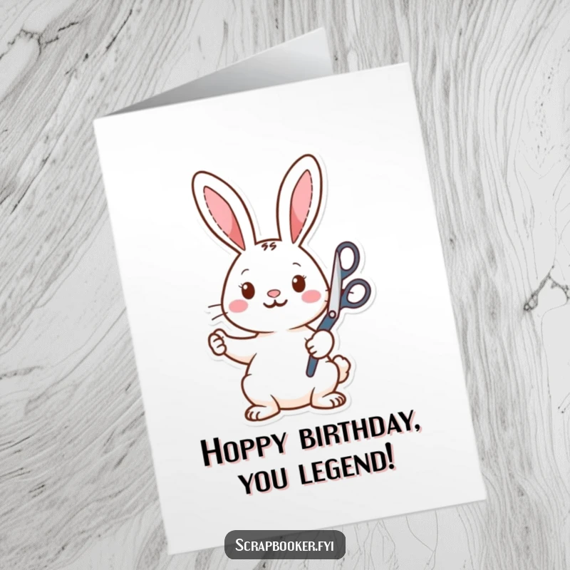 Funny Free Printable Birthday Card: Energetic rabbit joyfully cutting shapes with oversized, enthusiastic scissors, ready for a celebration.